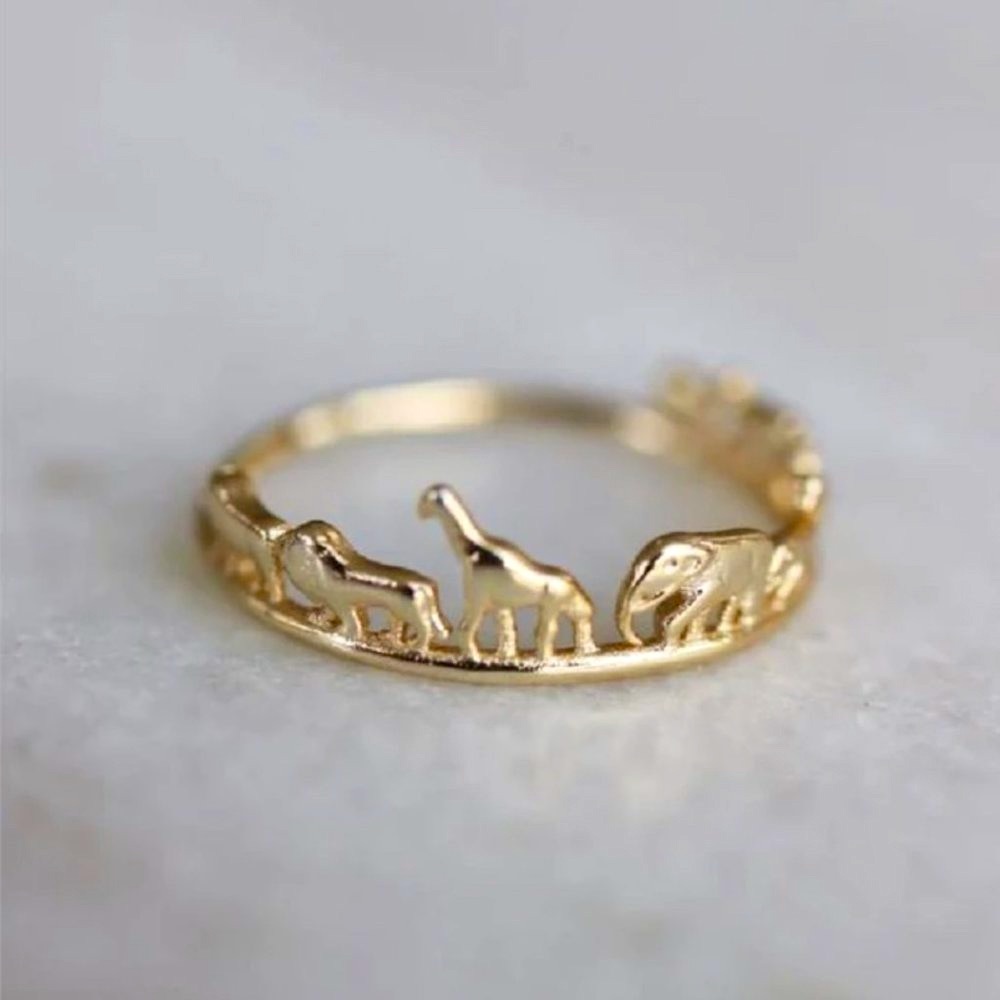 “Paradise" African Safari Animal Giraffe Elephant Zebra Gold Dainty Gift Ring